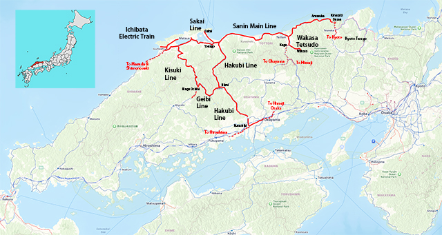 San'in Map
Sanin Main Line
Kisuki Line
Sakai Line
Geibi Line
Hakubi Line
Wakase Railway
Ichibata Electric Train